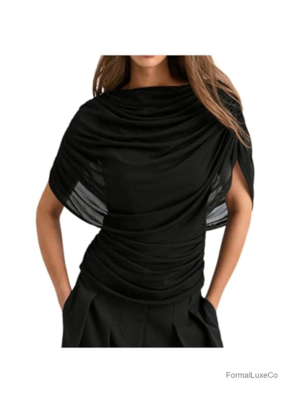 Y2K Half Cape Sleeve Ruched Blouse Women's Draped Boat Neck Mesh Patchwork